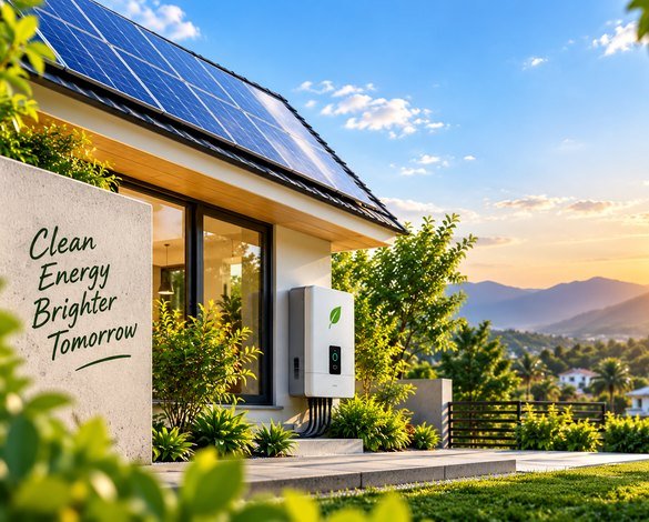 Rooftop solar system and wall-mounted inverter on a modern home at sunset