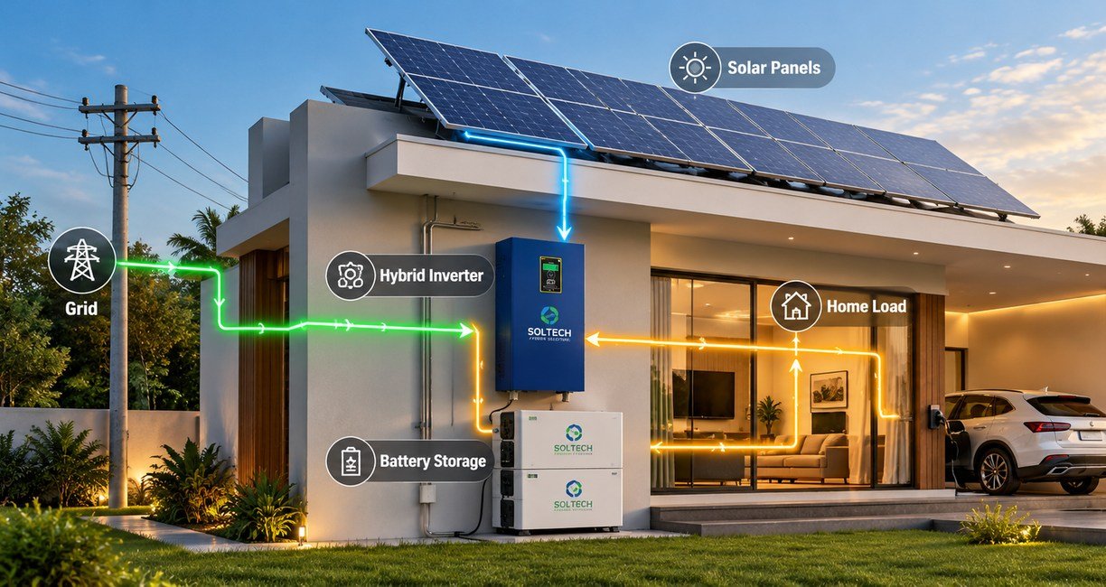 How a hybrid solar system works: solar panels and the grid feeding a hybrid inverter with battery storage, powering the home